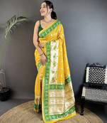 yellow banarasi silk blend nature motifs zari weaving patola saree