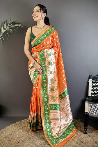 orange banarasi silk blend nature motifs zari weaving patola saree