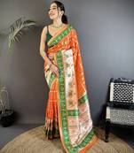 orange banarasi silk blend nature motifs zari weaving patola saree