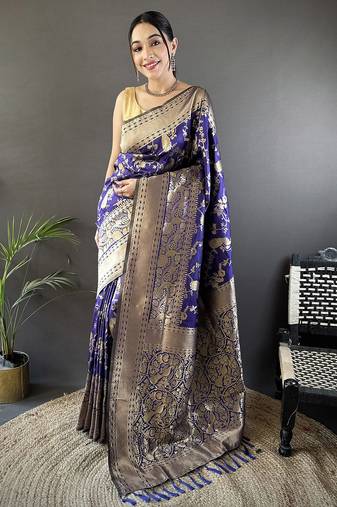 royal blue soft lichi silk blend floral and zari weaving butti banarasi saree