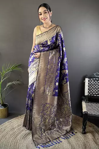 royal blue soft lichi silk blend floral and zari weaving butti banarasi saree