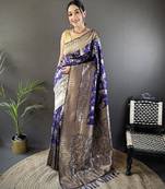 royal blue soft lichi silk blend floral and zari weaving butti banarasi saree