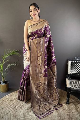 dark purple soft lichi silk blend floral and zari weaving butti banarasi saree