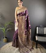 dark purple soft lichi silk blend floral and zari weaving butti banarasi saree