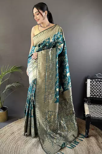 teal blue soft lichi silk blend floral and zari weaving butti banarasi saree