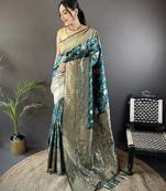 teal blue soft lichi silk blend floral and zari weaving butti banarasi saree