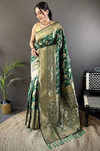 dark green soft lichi silk blend floral and zari weaving butti banarasi saree