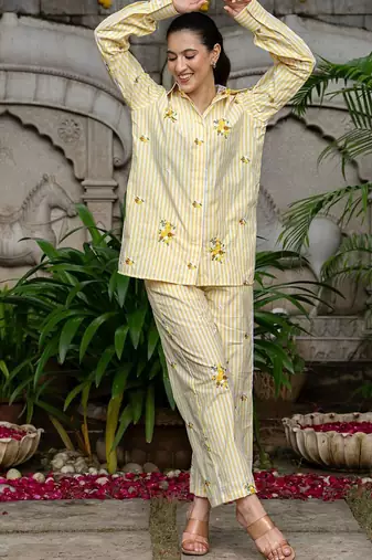Yellow cotton emboridered co ord set