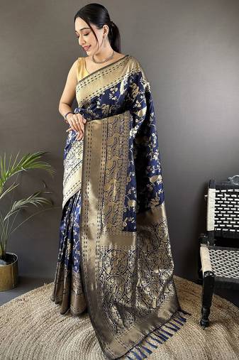 navy blue soft lichi silk blend floral and zari weaving butti banarasi saree