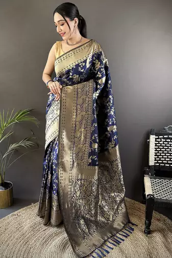 navy blue soft lichi silk blend floral and zari weaving butti banarasi saree