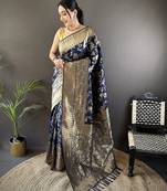 navy blue soft lichi silk blend floral and zari weaving butti banarasi saree