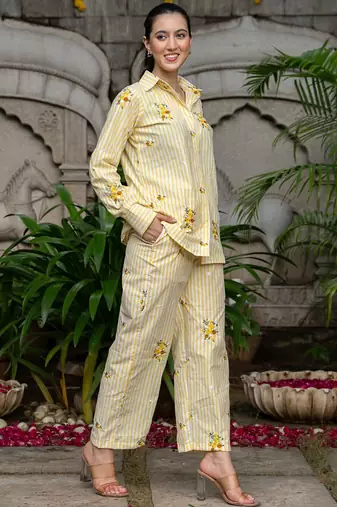 Yellow cotton emboridered co ord set