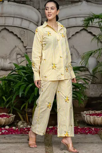 Yellow cotton emboridered co ord set