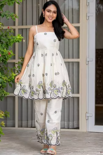 Off white and green emboridered co ord set