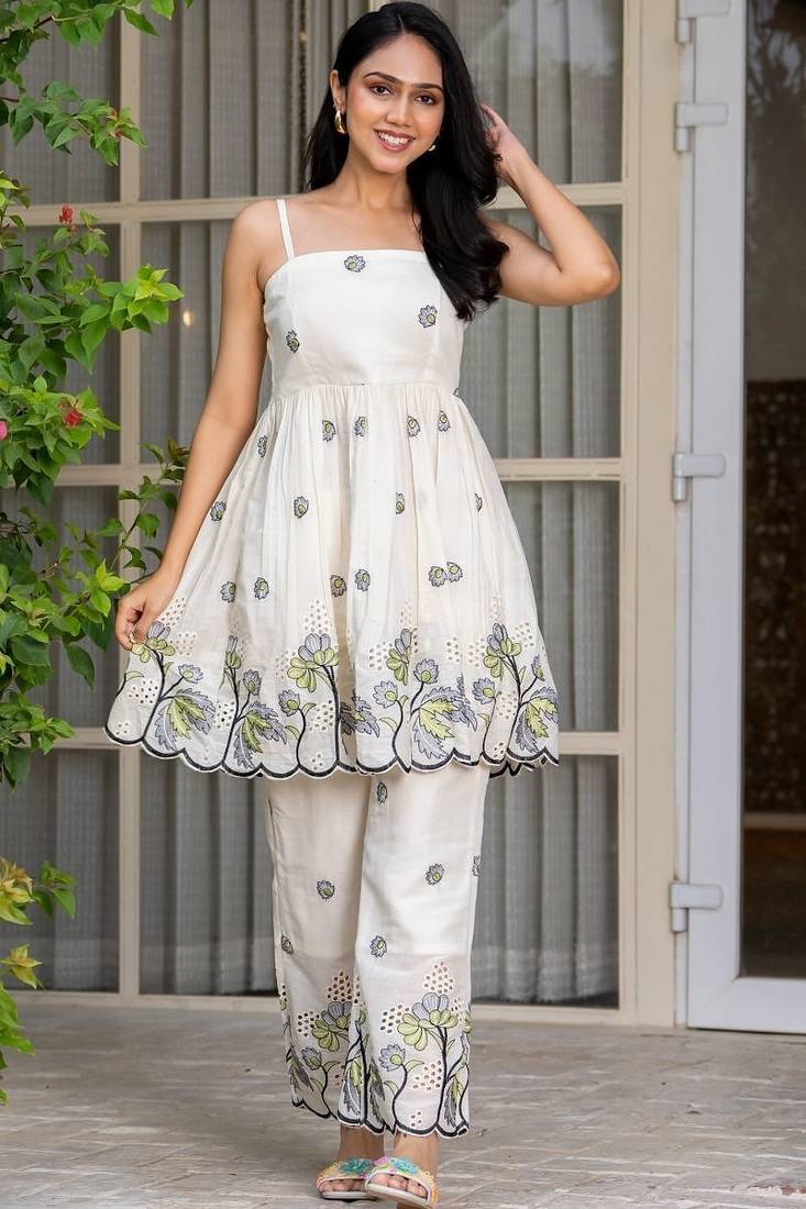 Off white and green emboridered co ord set