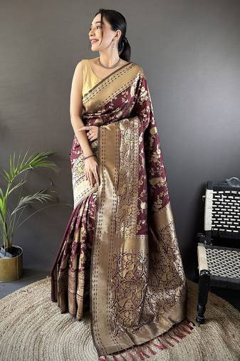brown soft lichi silk blend floral and zari weaving butti banarasi saree