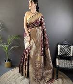 brown soft lichi silk blend floral and zari weaving butti banarasi saree
