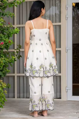 Off white and green emboridered co ord set