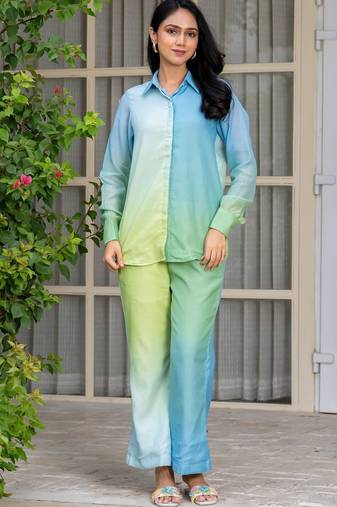 Blue and green chanderi co ord set