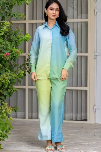 Blue and green chanderi co ord set