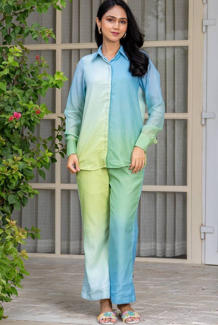 Blue and green chanderi co ord set