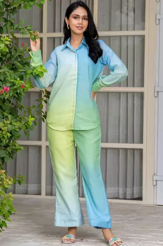 Blue and green chanderi co ord set