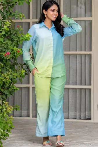 Blue and green chanderi co ord set