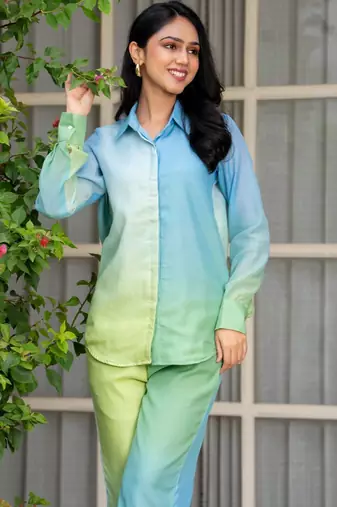 Blue and green chanderi co ord set