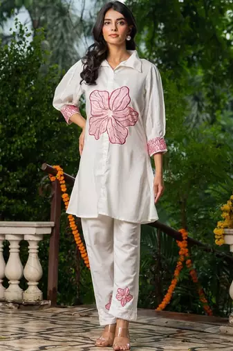 White and pink emboridered co ord set