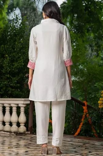 White and pink emboridered co ord set