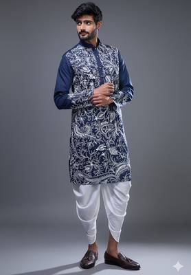 Blue silk kurta patiala for men's 1