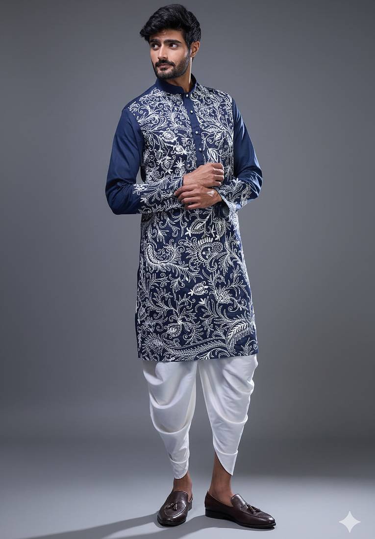 Blue silk kurta patiala for men's