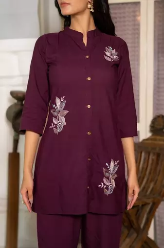 Maroon silk emboridered co ord set