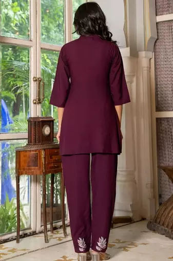 Maroon silk emboridered co ord set