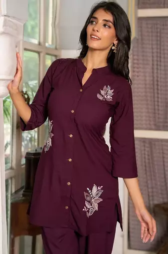 Maroon silk emboridered co ord set