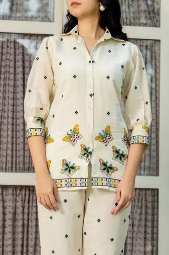 White cotton butterfly emboridered co ord set