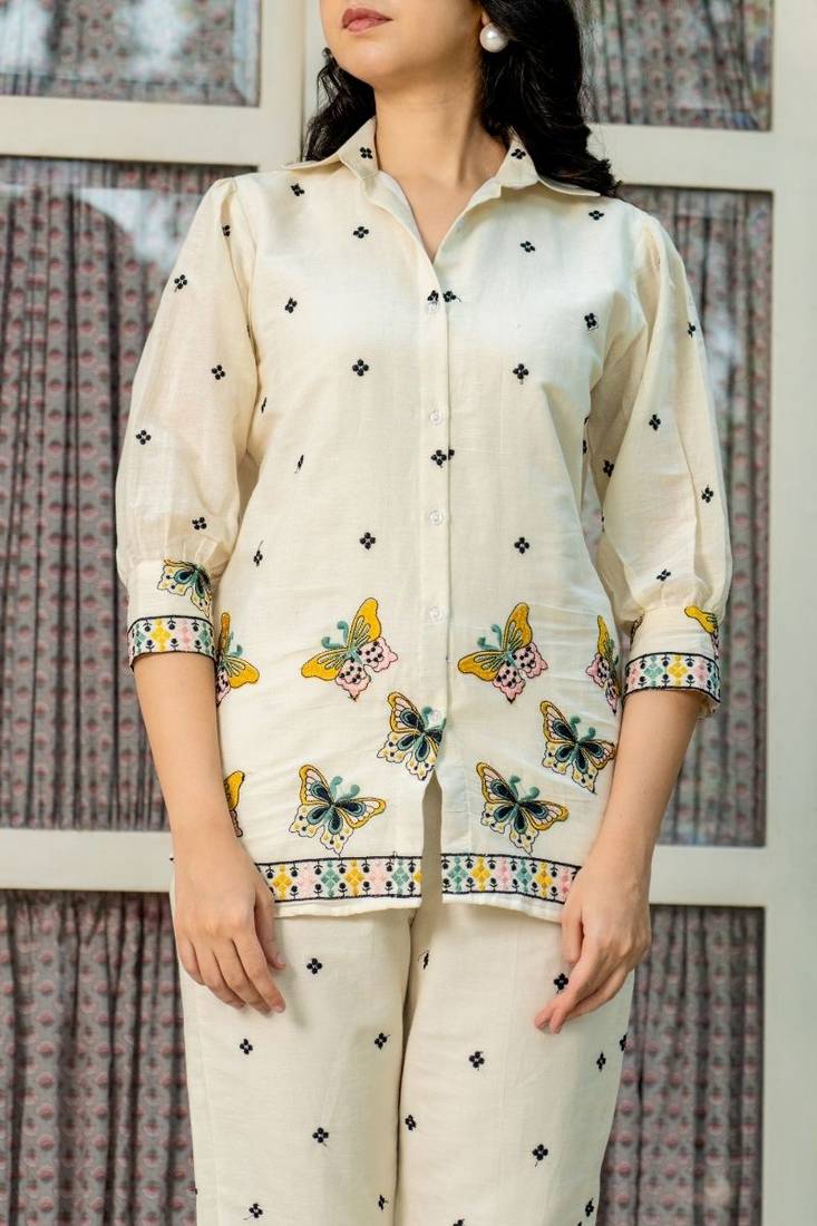 White cotton butterfly emboridered co ord set