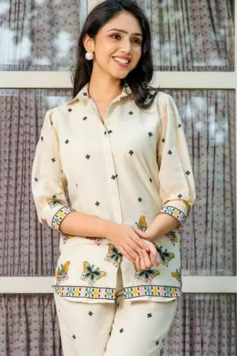 White cotton butterfly emboridered co ord set