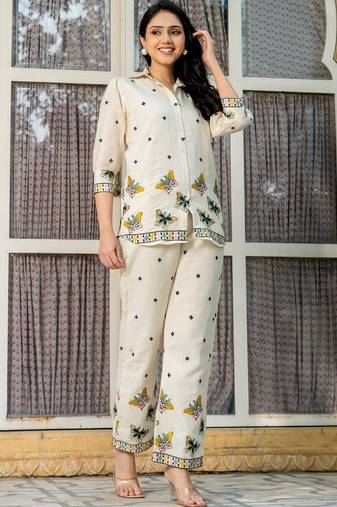 White cotton butterfly emboridered co ord set
