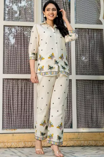 White cotton butterfly emboridered co ord set