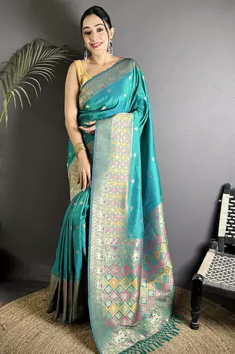 teal green soft lichi silk blend multicolour minakari zari weaving patola saree