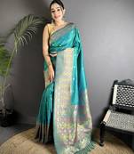 teal green soft lichi silk blend multicolour minakari zari weaving patola saree
