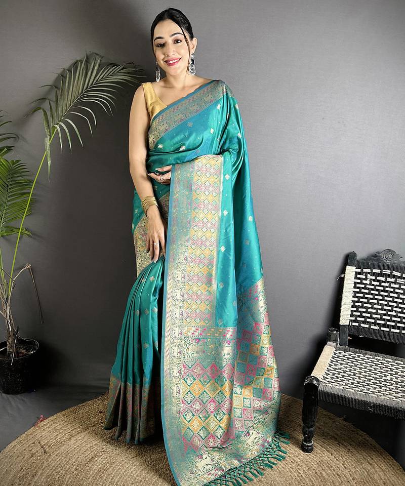 teal green soft lichi silk blend multicolour minakari zari weaving patola saree