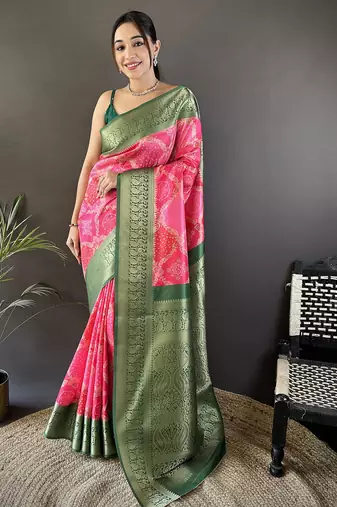pink soft lichi silk blend rangcut jacquard zari weaving banrasi saree