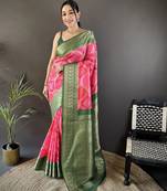 pink soft lichi silk blend rangcut jacquard zari weaving banrasi saree