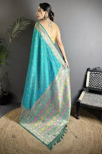 teal green soft lichi silk blend multicolour minakari zari weaving patola saree
