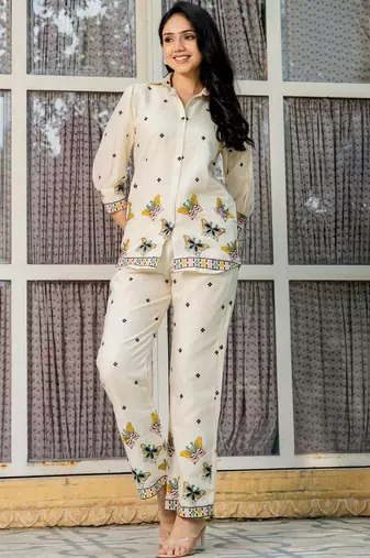White cotton butterfly emboridered co ord set