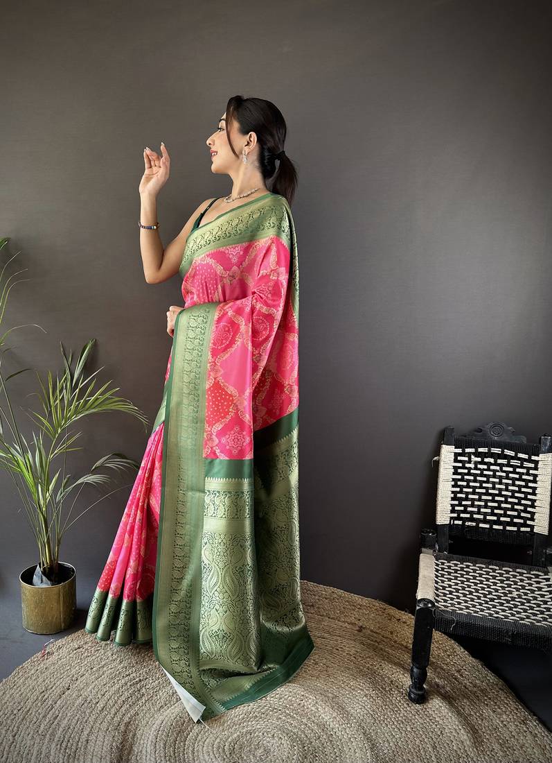 pink soft lichi silk blend rangcut jacquard zari weaving banrasi saree