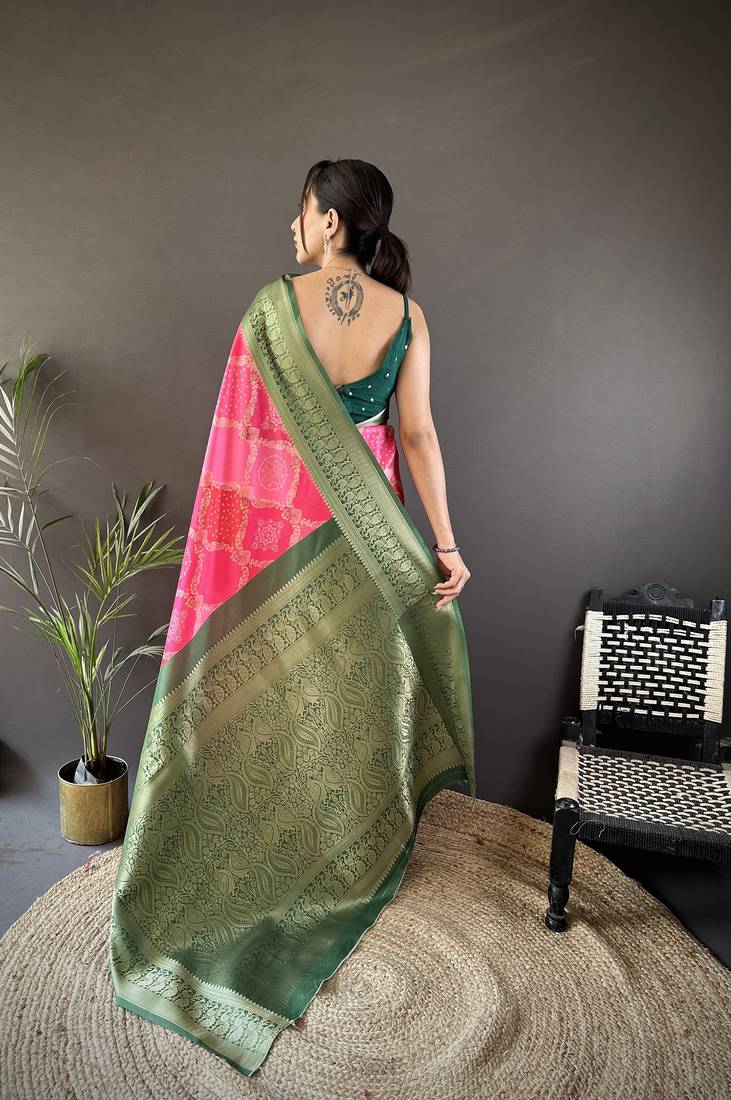 pink soft lichi silk blend rangcut jacquard zari weaving banrasi saree