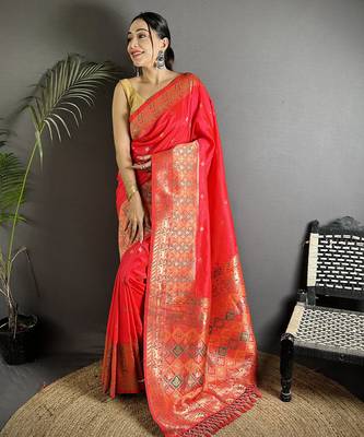 coral red soft lichi silk blend multicolour minakari zari weaving patola saree 1